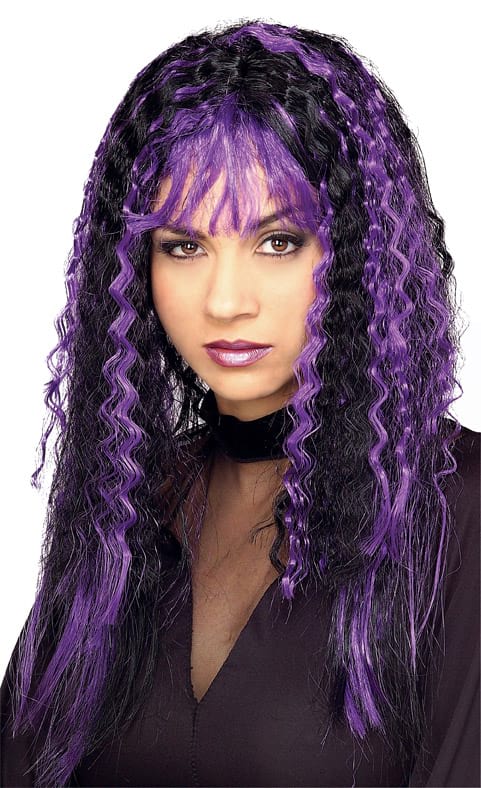 Crimped Purple And Black Witch Wig - Adult